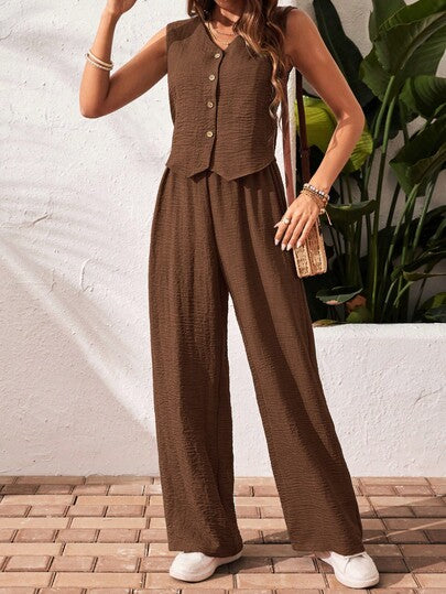 Frenchy Ensemble 2 pièces femme, style casual, navette, vacances, composé d'un gilet sans manches boutonné de couleur unie et d'un pantalon large, pour le printemps/l'été/l'automne