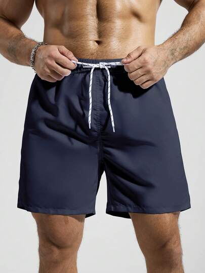Manfinity KASUA Short de plage style vacances d'été pour hommes, taille à cordon de serrage, poches obliques, maillot de bain bleu royal, maillot de bain bleu pour hommes, tenue de plage pour hommes, maillot de bain uni, vacances