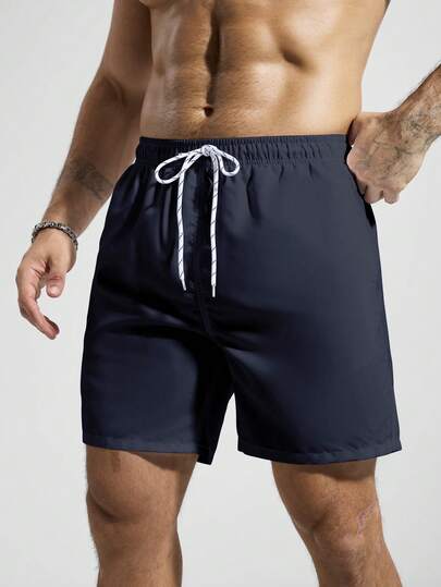 Manfinity KASUA Short de plage style vacances d'été pour hommes, taille à cordon de serrage, poches obliques, maillot de bain bleu royal, maillot de bain bleu pour hommes, tenue de plage pour hommes, maillot de bain uni, vacances
