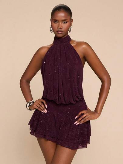 BAE Robe mini femme à col ras-du-cou, volants à l'ourlet, violet-rouge