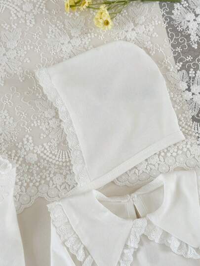 3 pièces/Ensemble Automne/Hiver Coffret Cadeau Nouveau-Né, Vêtements de Fête d'Anniversaire Blanc Mignon, Combinaison à Manches Longues, Bavoir, Couverture, Moufles, Mousseline Garçon