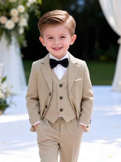 Ensemble de costume gentleman 4 pièces pour garçons, comprend un blazer élégant, un gilet, un pantalon et un nœud papillon, convient pour les mariages, les anniversaires et autres occasions formelles