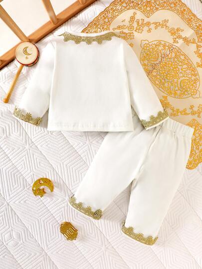 Ensemble 2 pièces pour nouveau-né garçon, cardigan blanc à manches longues et pantalon, tenue élégante et mignonne pour occasion formelle, fête, mariage, automne, style Jalabiya/Abaya arabe, vêtements de baptême