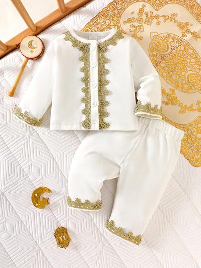 Ensemble 2 pièces pour nouveau-né garçon, cardigan blanc à manches longues et pantalon, tenue élégante et mignonne pour occasion formelle, fête, mariage, automne, style Jalabiya/Abaya arabe, vêtements de baptême