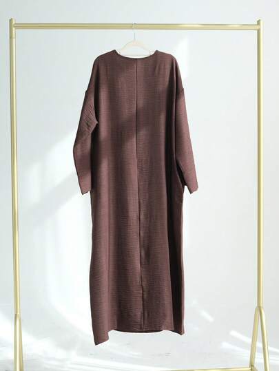 Abaya Ramadan Dubaï turque de couleur unie, robe décontractée à manches longues avec poignets fendus et taille nouée, coupe ample pour femmes, printemps et automne, marron