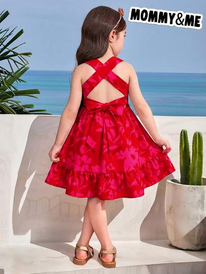 Emery Rose Kids Emery Rose Kids Robe courte à taille élastique avec imprimé tropical tressé et nœud papillon pour jeune fille, style vacances avec robe à bretelles fines imprimée, pour vacances d'été à la plage. Assortie mère-fille et sœurs, style de vaca