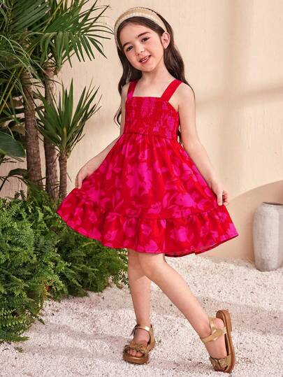 Emery Rose Kids Emery Rose Kids Robe courte à taille élastique avec imprimé tropical tressé et nœud papillon pour jeune fille, style vacances avec robe à bretelles fines imprimée, pour vacances d'été à la plage. Assortie mère-fille et sœurs, style de vaca