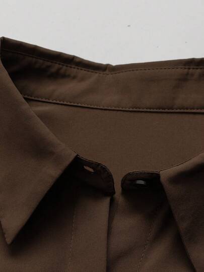 Zovinel Ensemble chemise à manches longues à simple boutonnage & pantalon droit décontracté pour femmes, toutes nuances de marron, automne, élégant, tenue de bureau et de travail