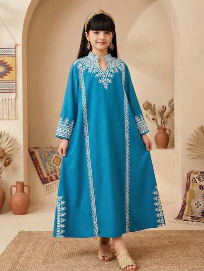 Robe ample à manches 3/4 avec ourlet fendu, imprimé rétro pour préadolescentes, bleu et vert