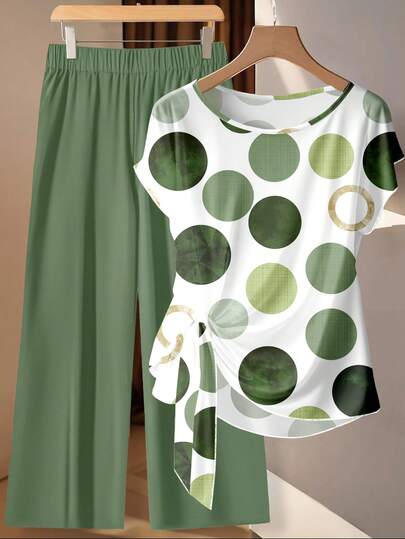 Clasi 2 pièces/Set Blouse à nœud avec imprimé pois et pantalon droit ample, convient pour les vacances de printemps/été