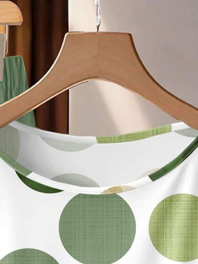 Clasi 2 pièces/Set Blouse à nœud avec imprimé pois et pantalon droit ample, convient pour les vacances de printemps/été