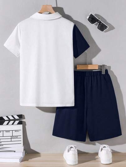 2 pièces Ensemble de t-shirt polo à manches courtes ample avec motif de dessin animé sur le col et short pour garçons