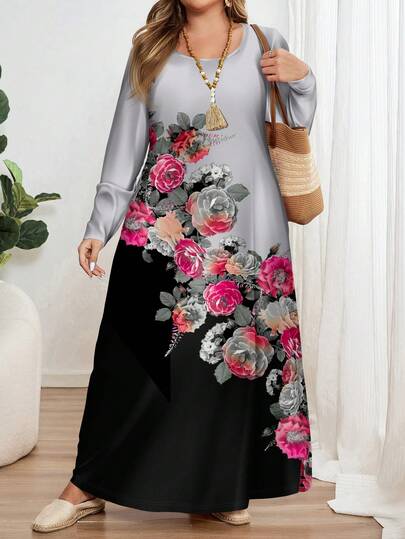 EMERY ROSE Robe grande taille à manches longues et col rond avec imprimé floral noir et blanc, convient pour un style chic et élégant, fleurs, automne, vacances, mariage formel