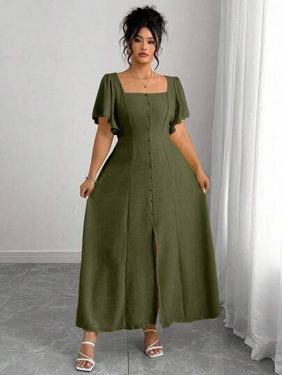 Elenzga Robe pour femmes grande taille à col carré avec volants, taille cintrée, couleur unie