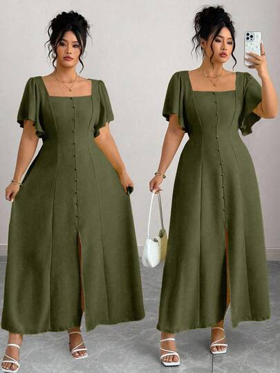 Elenzga Robe pour femmes grande taille à col carré avec volants, taille cintrée, couleur unie