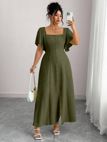 Elenzga Robe pour femmes grande taille à col carré avec volants, taille cintrée, couleur unie