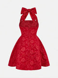 Girlism Robe élégante à col ras-du-cou avec nœud en jacquard rouge pour préadolescentes