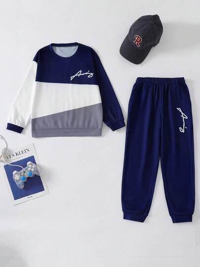 Ensemble 2 pièces Sweat-shirt-shirt & Pantalon de survêtement pour garçons/préadolescents/adolescents, Printemps/Automne, Léger, Top à manches longues avec imprimé lettres blocs de couleurs & Pantalon de sport à chevilles resserrées, Tenue mode décontract