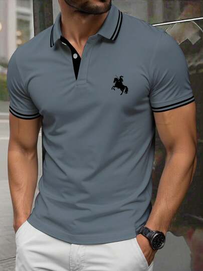 Manfinity Dauomo Polo pour hommes, été, décontracté chic, charme d'un homme mature, design à motifs, imprimé cheval, indispensable pour les gars, 100% captivant, convient pour le quotidien, les vacances et les sorties