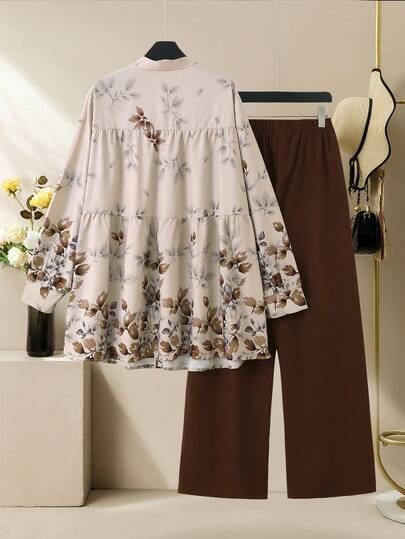Lacomfia Ensemble 2 pièces femme grande taille, Top à manches longues imprimé floral et pantalon de couleur unie, tenue décontractée confortable pour l'automne