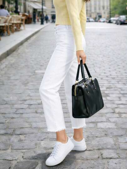 Jean blanc droit ajusté style minimaliste mode femme style européen & américain, pantalon décontracté polyvalent pour toutes les saisons printemps automne