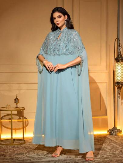 Abaya longue élégante avec broderie de perles et décoration d'appliqué, encolure trou de serrure, manches chauve-souris, tissu tissé printemps automne
