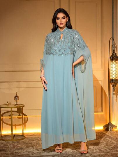 Abaya longue élégante avec broderie de perles et décoration d'appliqué, encolure trou de serrure, manches chauve-souris, tissu tissé printemps automne
