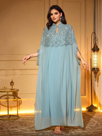 Abaya longue élégante avec broderie de perles et décoration d'appliqué, encolure trou de serrure, manches chauve-souris, tissu tissé printemps automne