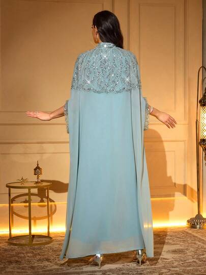 Abaya longue élégante avec broderie de perles et décoration d'appliqué, encolure trou de serrure, manches chauve-souris, tissu tissé printemps automne