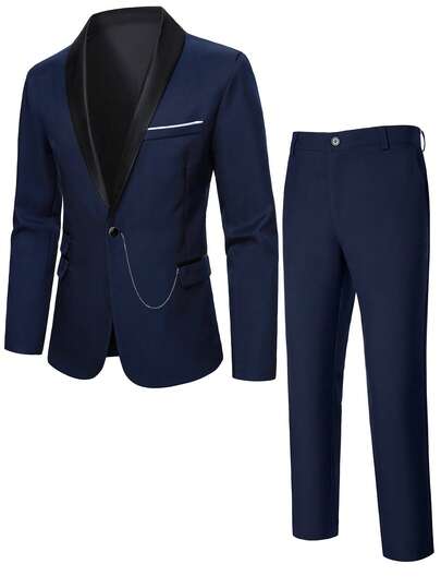Manfinity Mode Costume décontracté pour homme, style britannique à la mode essentiel pour le travail et les loisirs. Vêtements chics bleu marine. Ensemble 2 pièces pour hommes. Tenue de mariage pour homme pour cérémonie, formel