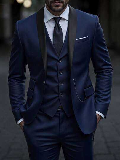 Manfinity Mode Costume décontracté pour homme, style britannique à la mode essentiel pour le travail et les loisirs. Vêtements chics bleu marine. Ensemble 2 pièces pour hommes. Tenue de mariage pour homme pour cérémonie, formel
