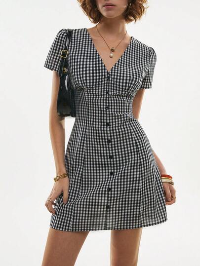 Poéselle Robe mini d'été décontractée pour femmes, avec boutons devant, taille cintrée et manches courtes