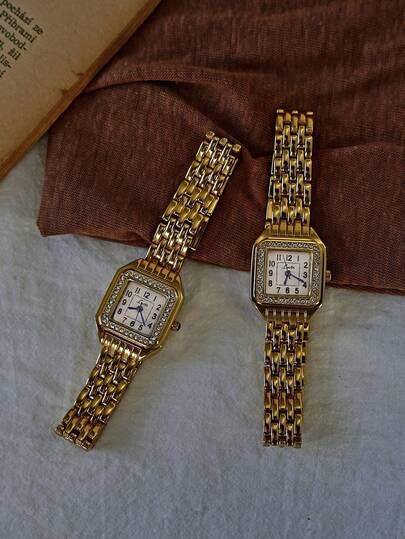 1 pièce Nouvelle montre pour femme avec cadran carré en or incrusté de strass et de zircone, étanche, style élégant minimaliste et décontracté avec cadran à chiffres romains, montre à quartz décorative convenant à la vie quotidienne et aux rassemblements
