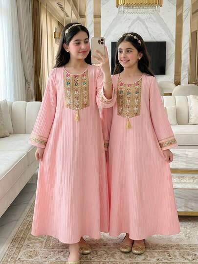 Robe longue pour préadolescentes, rose doux, automne, élégante, assortie en famille, bordure en dentelle dorée & paillettes, pendentifs à franges, tissu drapé confortable robe rose