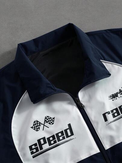 PAVTROS Veste coupe-vent décontractée à manches longues avec impression de lettre et blocage de couleurs pour homme, veste de course à manches longues avec lettre pour sortir, pour les amis, le mari, le petit ami, pour l'automne