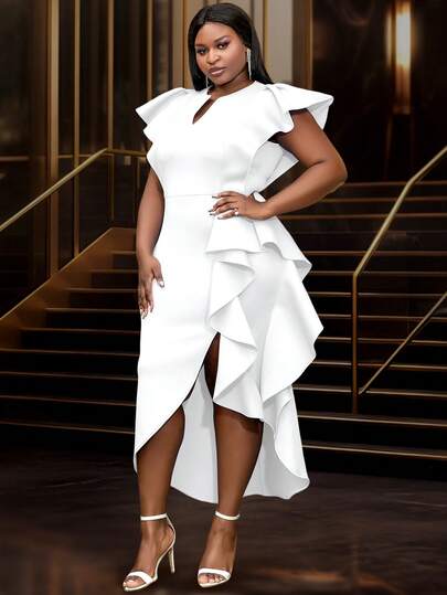 Robe d'été blanche élégante style mariée grande taille, manches courtes, fente, ourlet à volants, convient pour invitée de mariage, enterrement de vie de jeune fille, vacances, anniversaire