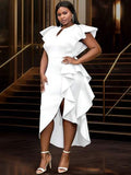 Robe d'été blanche élégante style mariée grande taille, manches courtes, fente, ourlet à volants, convient pour invitée de mariage, enterrement de vie de jeune fille, vacances, anniversaire