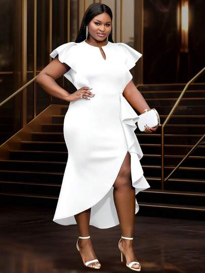 Robe d'été blanche élégante style mariée grande taille, manches courtes, fente, ourlet à volants, convient pour invitée de mariage, enterrement de vie de jeune fille, vacances, anniversaire