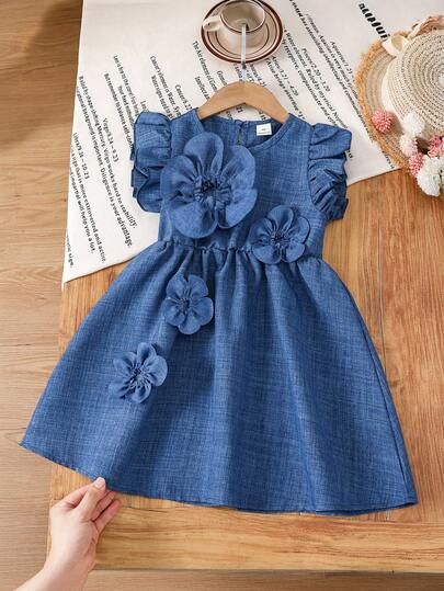 LMoss Kids Robe à col rond bleu à 5 pétales 3D avec goutte pour jeune fille, sans manches,