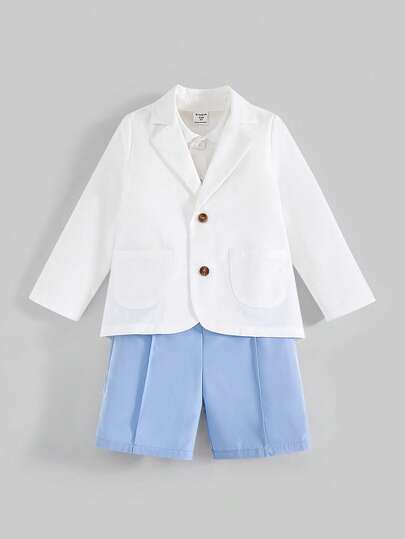 2 pièces Ensemble short et veste décontracté, confortable et élégant pour garçon avec col à revers et manches longues