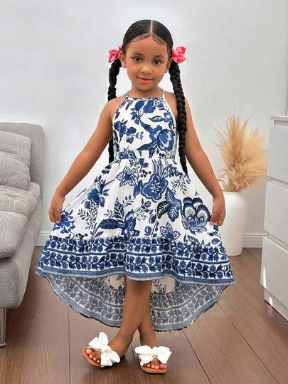 Robe élégante et minimaliste à imprimé floral sans manches avec encolure ras-du-cou pour jeune fille
