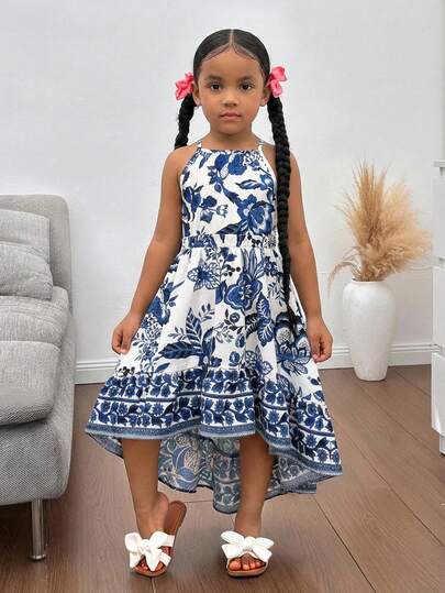 Robe élégante et minimaliste à imprimé floral sans manches avec encolure ras-du-cou pour jeune fille