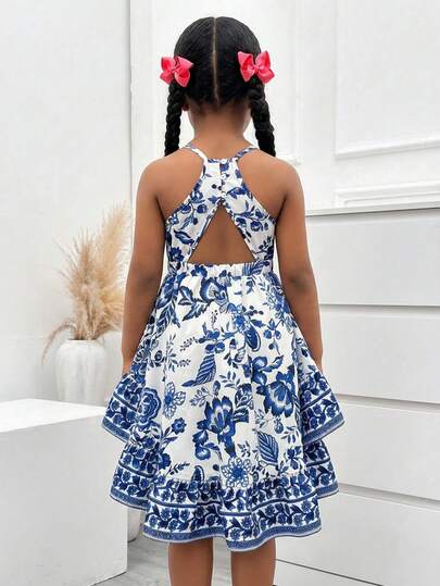 Robe élégante et minimaliste à imprimé floral sans manches avec encolure ras-du-cou pour jeune fille