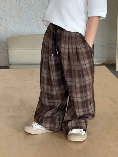 DAZY Pantalon ample à taille élastique et jambes larges avec imprimé à carreaux, style mode de rue décontracté pour jeune garçon