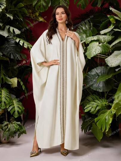 Al Najma Robe ample de vacances décontractée à manches chauve-souris arabes avec décoration de faux perles et encolure en V pour femmes