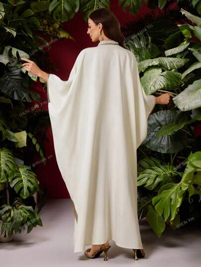 Al Najma Robe ample de vacances décontractée à manches chauve-souris arabes avec décoration de faux perles et encolure en V pour femmes