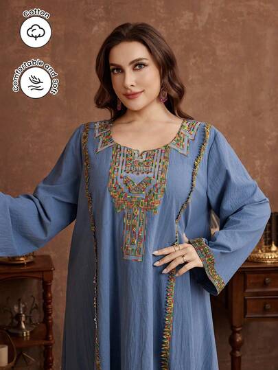 Al Najma Tunique ample à manches longues en couleur unie avec col brodé, pour le printemps/automne, grande taille, style turc. Abaya traditionnelle arabe