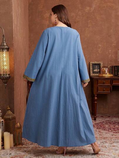 Al Najma Tunique ample à manches longues en couleur unie avec col brodé, pour le printemps/automne, grande taille, style turc. Abaya traditionnelle arabe