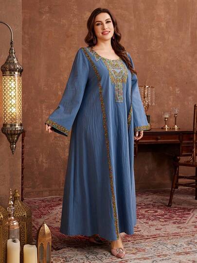 Al Najma Tunique ample à manches longues en couleur unie avec col brodé, pour le printemps/automne, grande taille, style turc. Abaya traditionnelle arabe