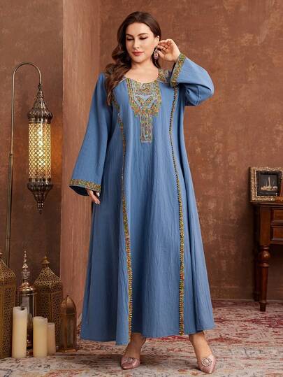 Al Najma Tunique ample à manches longues en couleur unie avec col brodé, pour le printemps/automne, grande taille, style turc. Abaya traditionnelle arabe